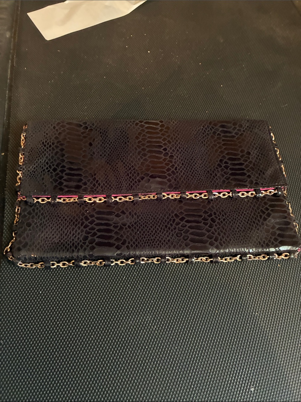 Designer-Style Black Snakeskin Clutch with Gold Chain Trim